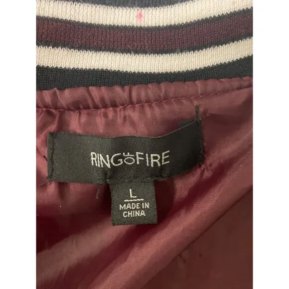 Ring Of Fire Mens Varsity Jacket Size L Maroon & White Polyester - Picture 11 of 12